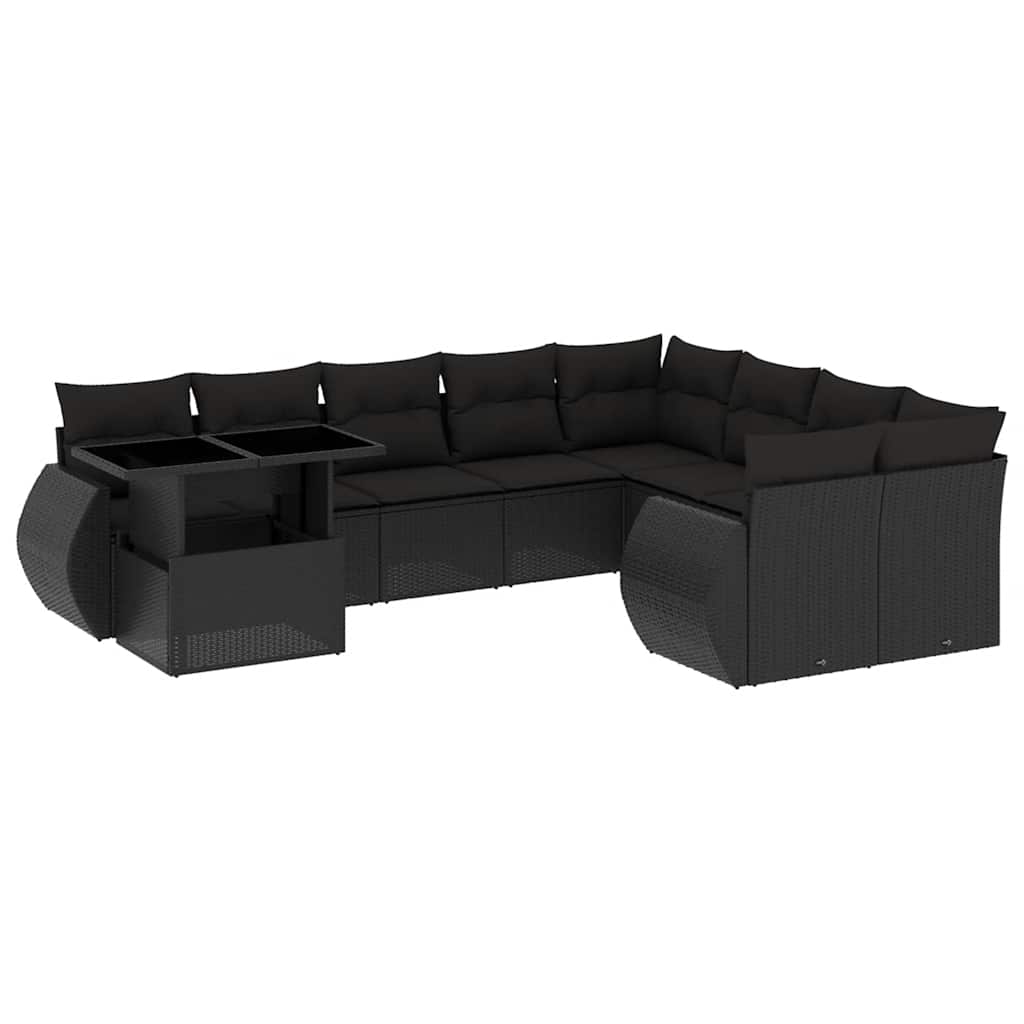 Set canapele de grădină cu perne, 10 piese, negru, poliratan GartenMobel Dekor