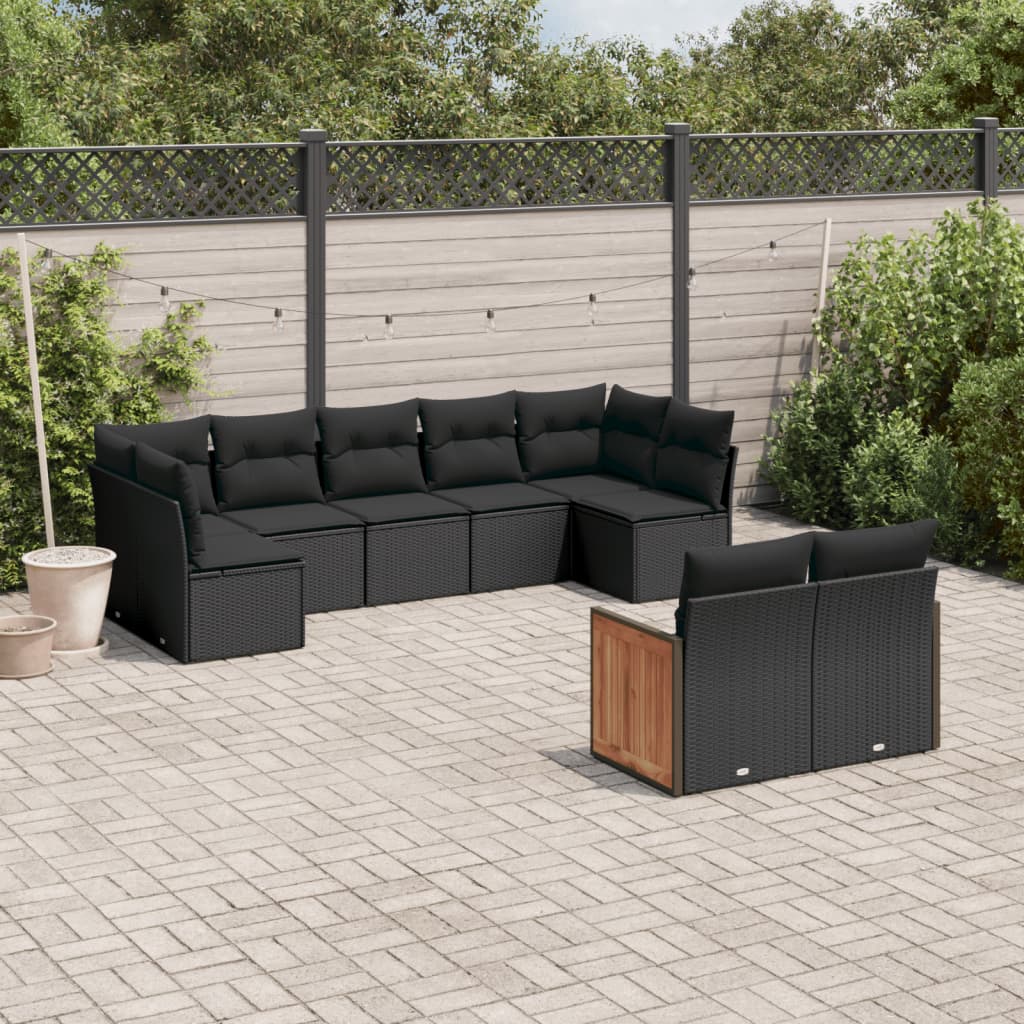 Set mobilier de grădină cu perne, 9 piese, negru, poliratan GartenMobel Dekor
