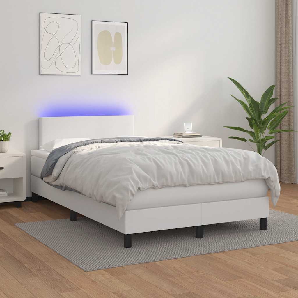 Pat box spring cu saltea și LED, alb, 120x190 cm, piele eco GartenMobel Dekor