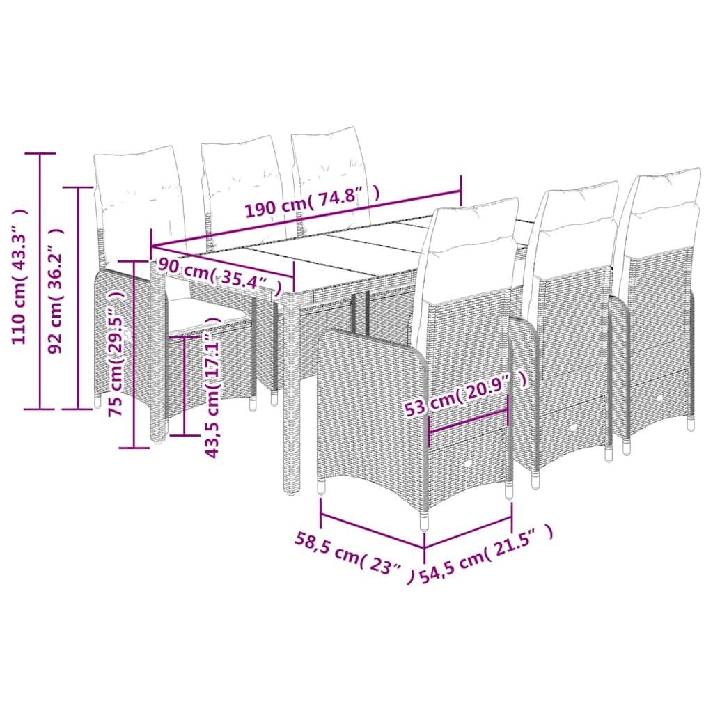 Set bistro de grădină, 7 piese, cu perne, negru, poliratan GartenMobel Dekor