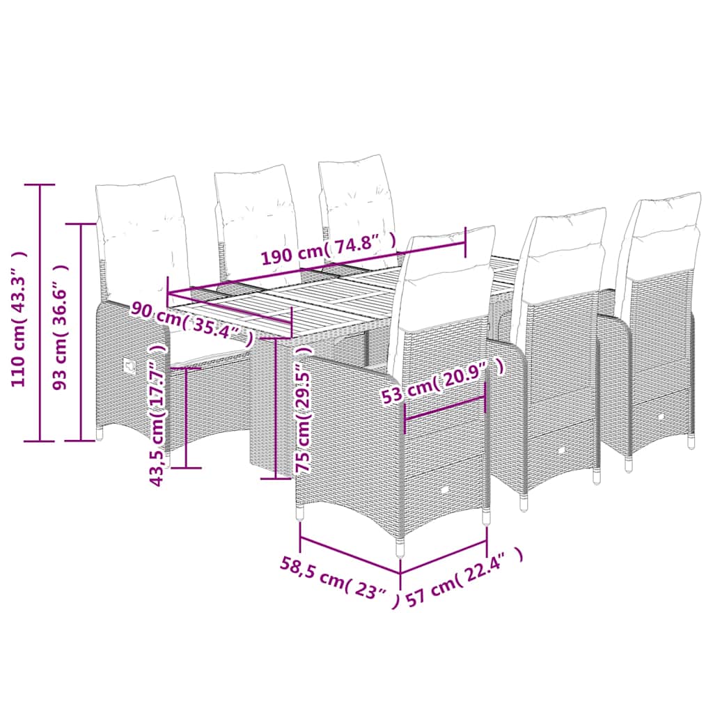 Set bistro de grădină, 7 piese, cu perne, negru, poliratan GartenMobel Dekor