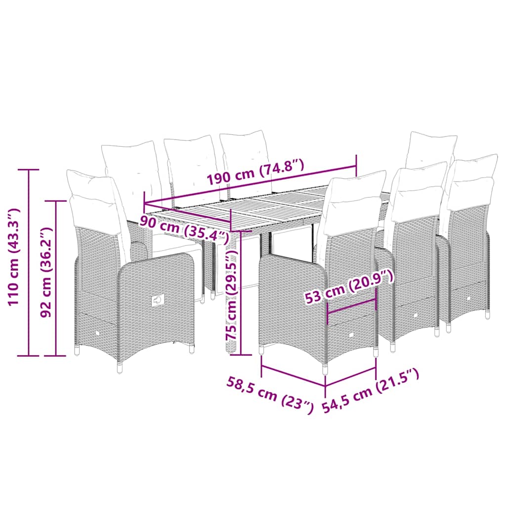 Set bistro de grădină, 9 piese, cu perne, negru, poliratan GartenMobel Dekor