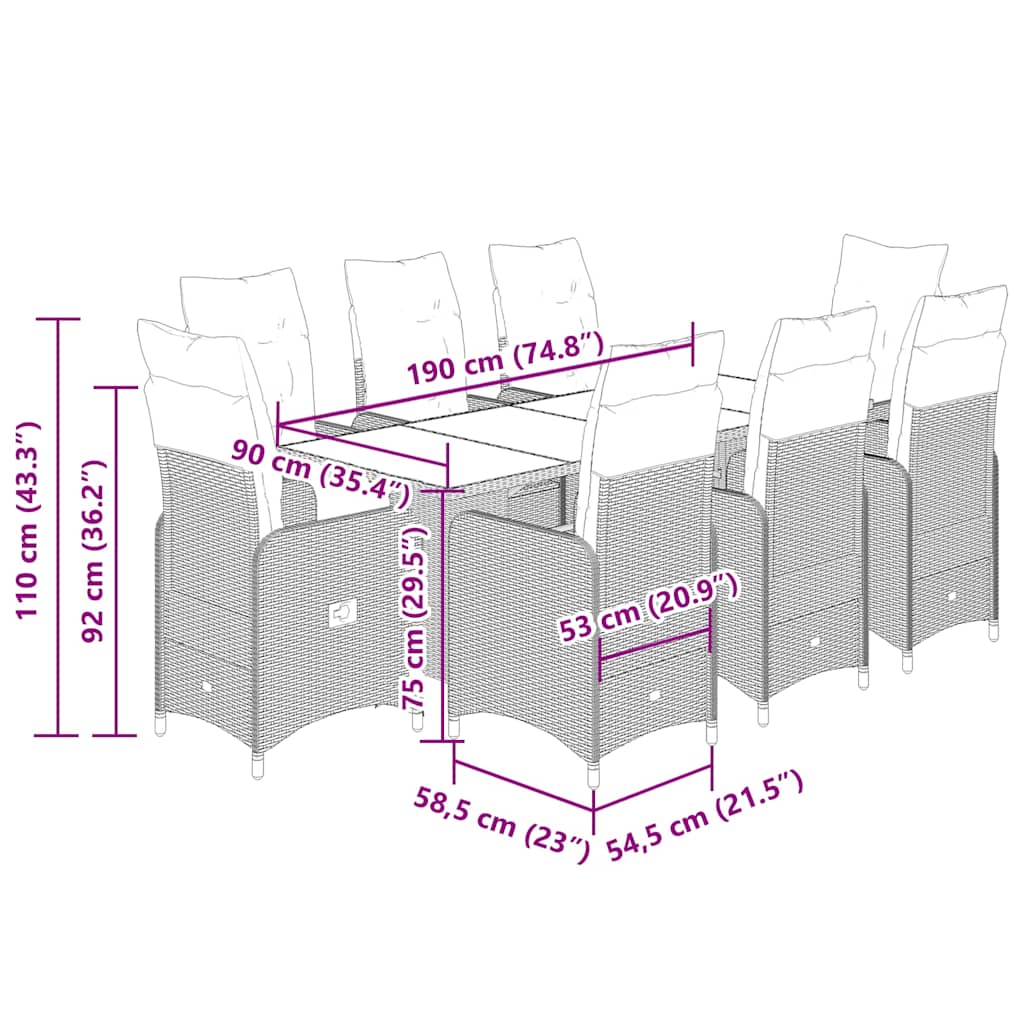 Set bistro de grădină, 9 piese, cu perne, negru, poliratan GartenMobel Dekor