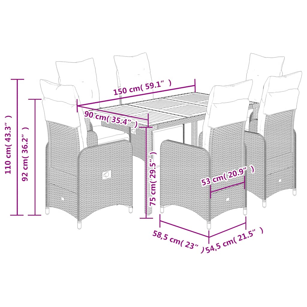 Set bistro de grădină cu perne, 7 piese, gri, poliratan GartenMobel Dekor