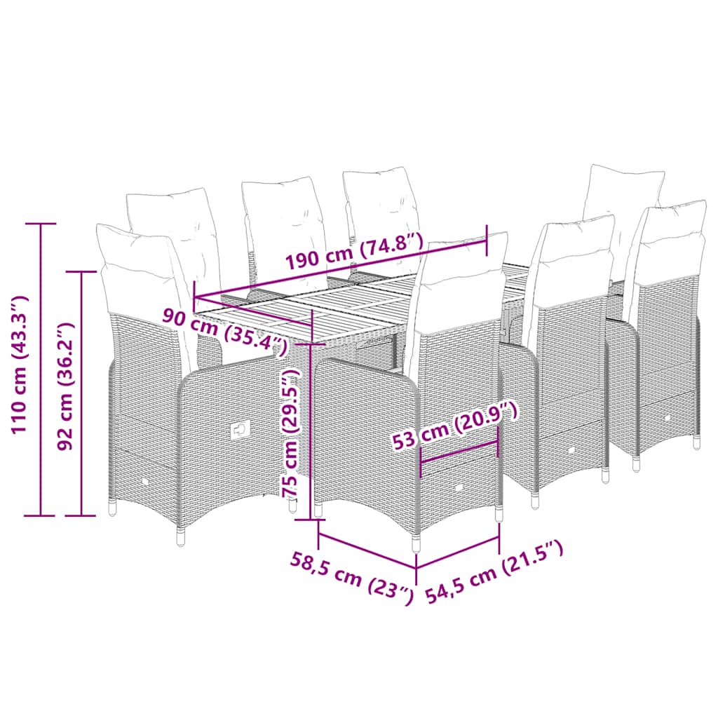 Set bistro de grădină cu perne, 9 piese, gri, poliratan GartenMobel Dekor