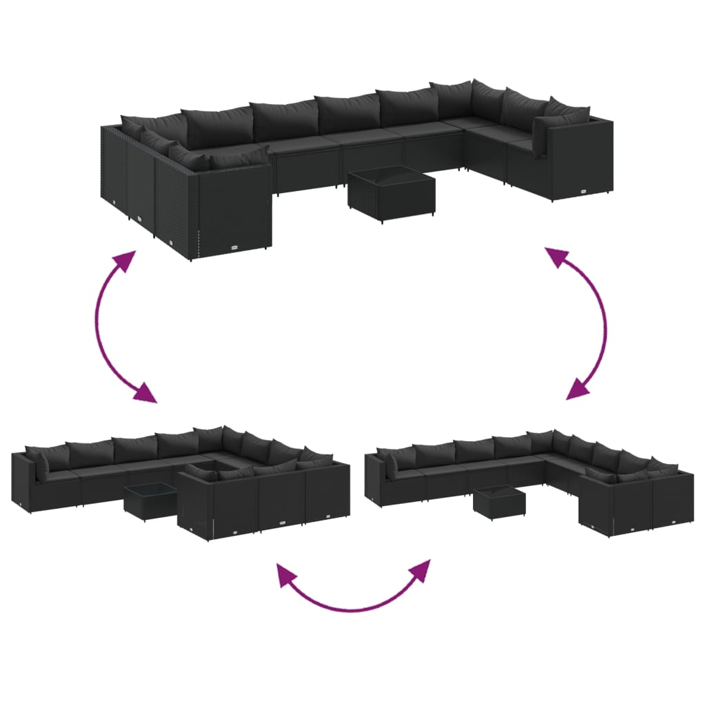 Set mobilier de grădină cu perne, 11 piese, negru, poliratan GartenMobel Dekor