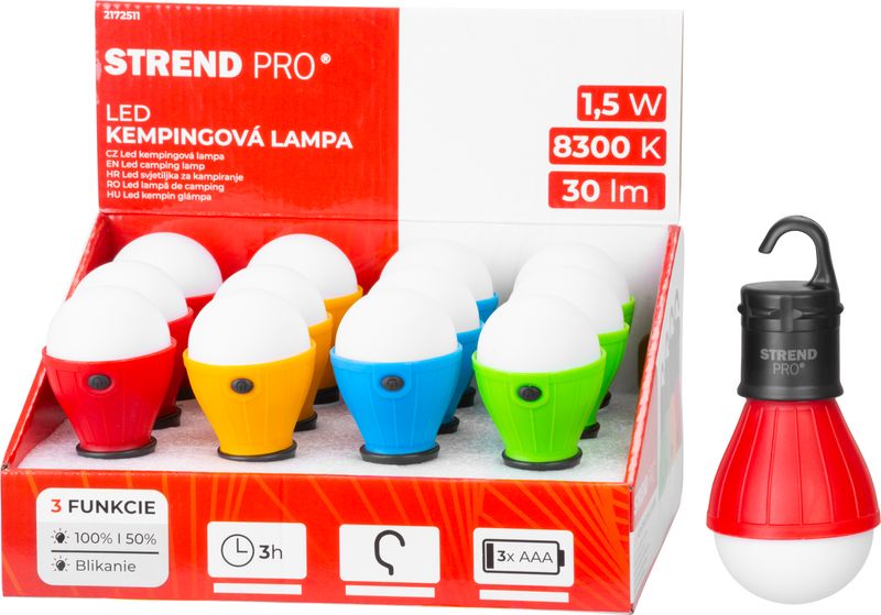 Svietidlo Strend Pro Camping C748, lampa kempingová, tvar žiarovky, 3xAAA, mix farieb, Sellbox 12 ks