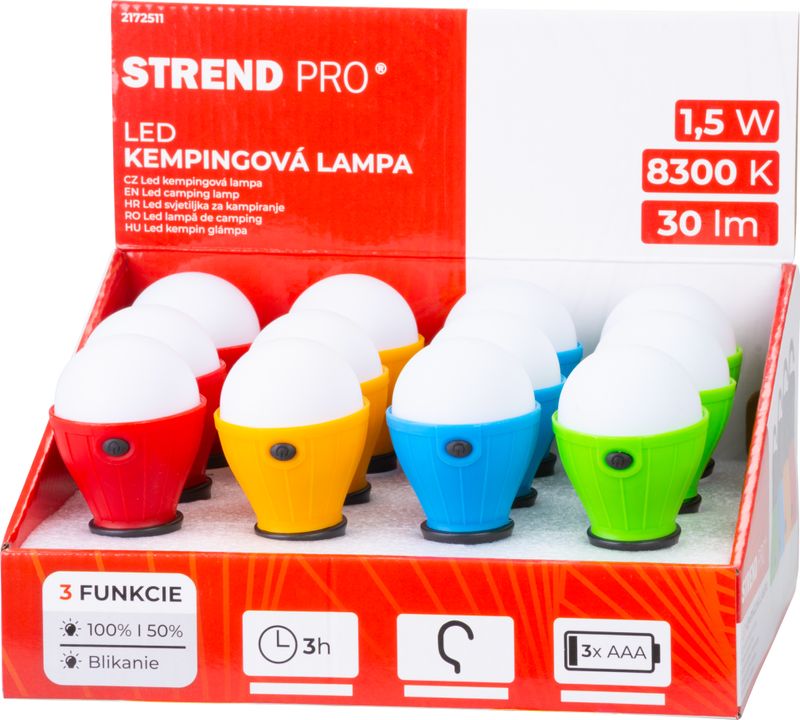 Svietidlo Strend Pro Camping C748, lampa kempingová, tvar žiarovky, 3xAAA, mix farieb, Sellbox 12 ks