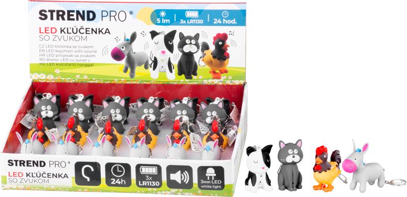 Svietidlo Strend Pro Keychain, kľúčenka, prívesok so zvukom, mačka/pes/kohút/osol, LED 5 lm, Sellbox 24 ks