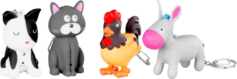 Svietidlo Strend Pro Keychain, kľúčenka, prívesok so zvukom, mačka/pes/kohút/osol, LED 5 lm, Sellbox 24 ks