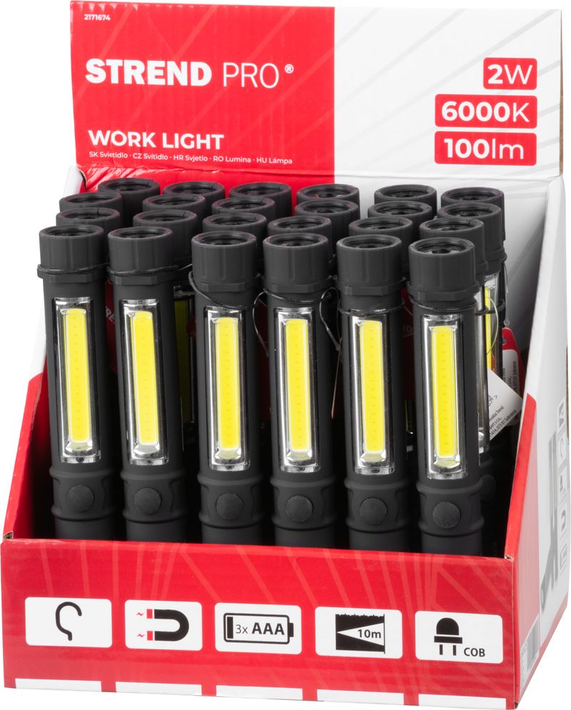 Svietidlo Strend Pro Worklight CWL1046, COB LED 100 lm, 3xAAA, pracovné, magnet, Sellbox 24 ks