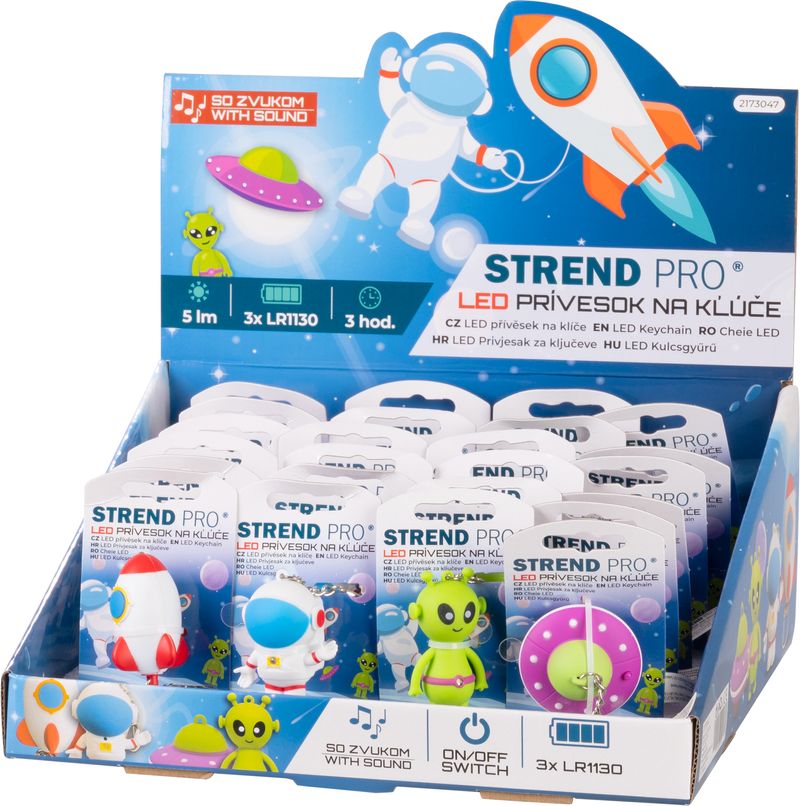 Svietidlo Strend Pro Keychain, kľúčenka, prívesok so zvukom, raketa/ufo/kozmonaut/vesmírna loď, LED 5 lm, Sellbox 24 ks