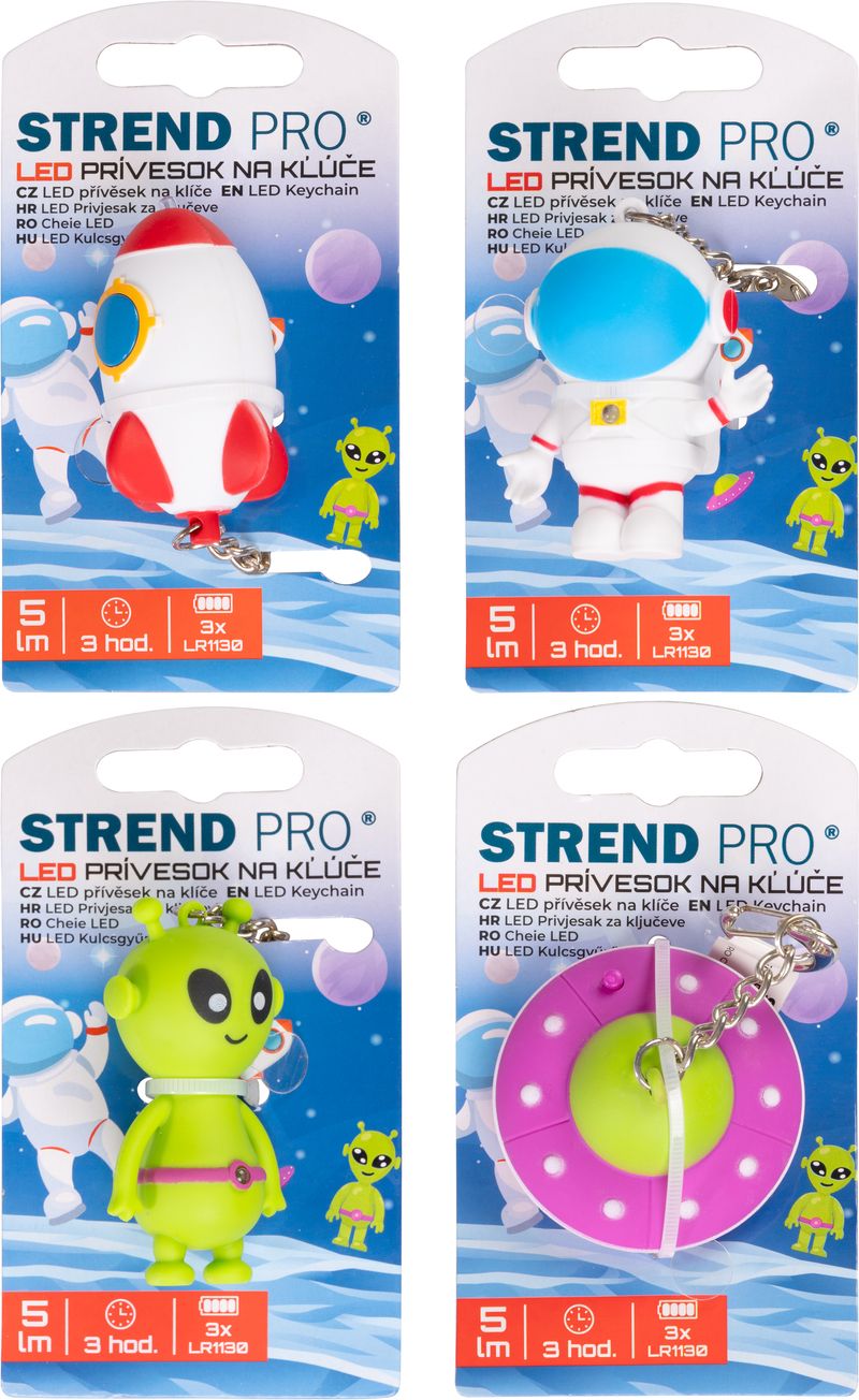 Svietidlo Strend Pro Keychain, kľúčenka, prívesok so zvukom, raketa/ufo/kozmonaut/vesmírna loď, LED 5 lm, Sellbox 24 ks