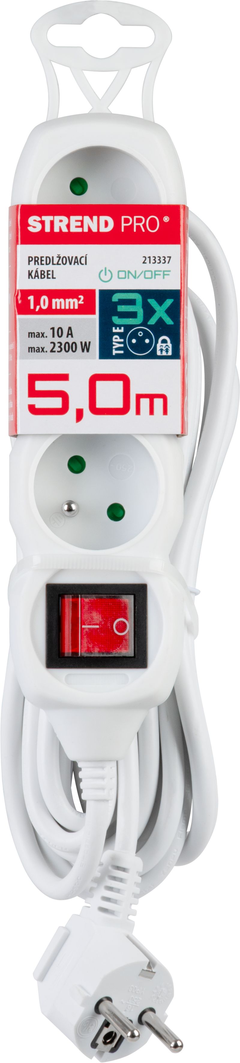 Prelungitor electric 5 m alb, 3 prize si intrerupator Strend Pro