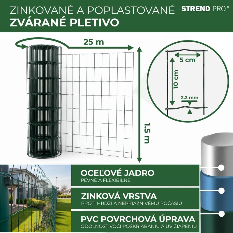 Plasă de gard Europlast verde 1,5 x 25 m, zincată și plastifiată Zn+PVC