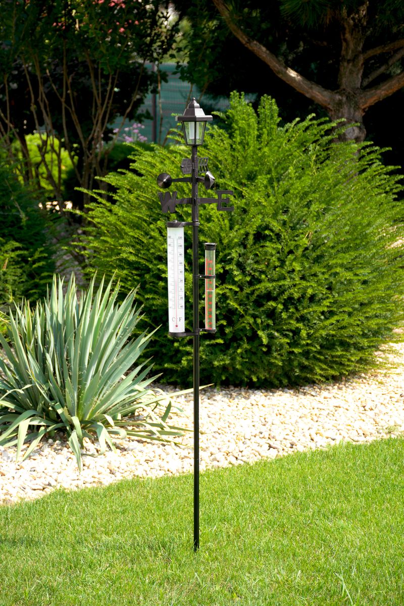 Meteostație de grădină 158 cm cu termometru, pluviometru și lampă solară
