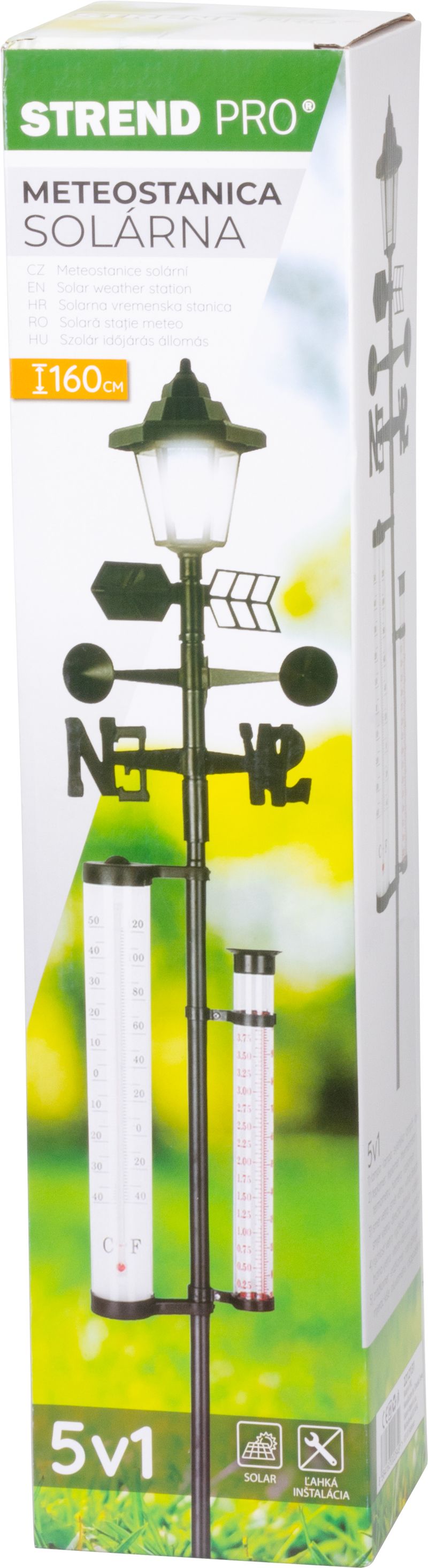 Meteostație de grădină 158 cm cu termometru, pluviometru și lampă solară