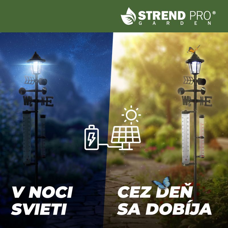 Meteostație de grădină 158 cm cu termometru, pluviometru și lampă solară