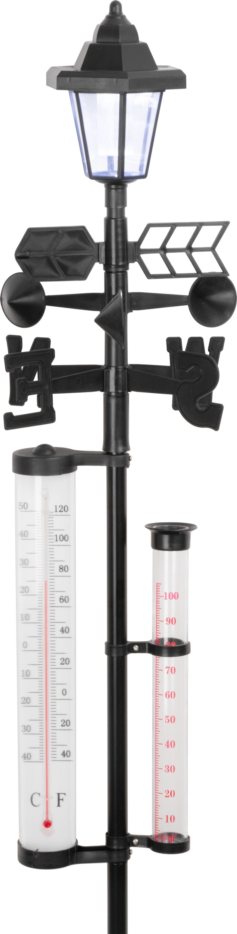 Meteostație de grădină 158 cm cu termometru, pluviometru și lampă solară