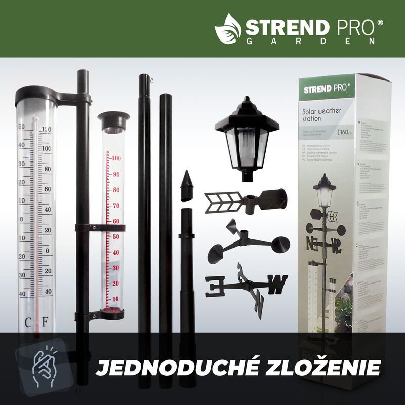 Meteostație de grădină 158 cm cu termometru, pluviometru și lampă solară