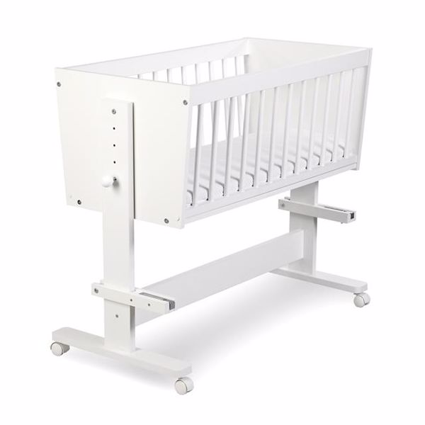 Pătuț copii din lemn KLUPS Zoya alb, reglabil, cu roți, 90x40 cm