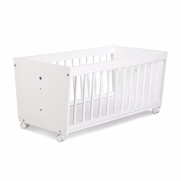 Pătuț copii din lemn KLUPS Zoya alb, reglabil, cu roți, 90x40 cm
