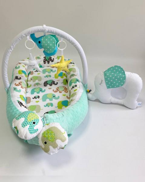 Babynest pentru bebelusi MyKids Elephant Blue cu arcada si pernuta