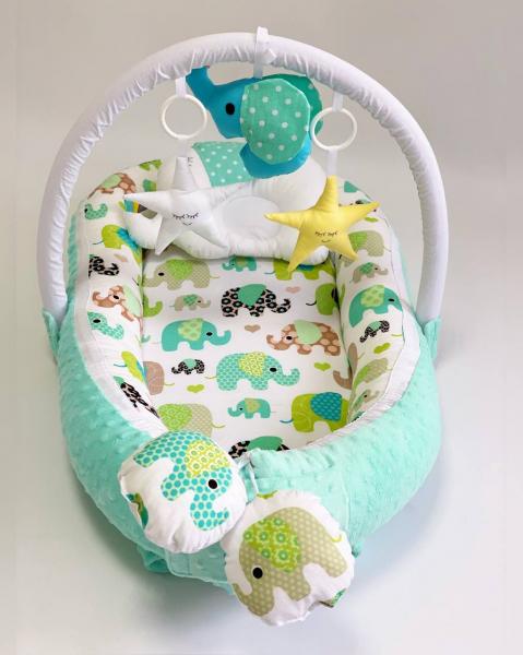 Babynest pentru bebelusi MyKids Elephant Blue cu arcada si pernuta