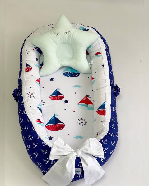 Babynest pentru bebelusi MyKids Standard Sailor Blue cu arcada si pernita