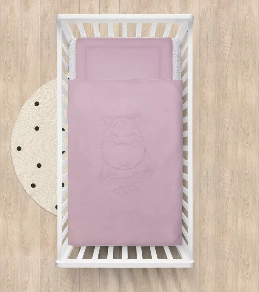 Lenjerie pentru patut bebe cu umplutura Hippo, 2 piese, bumbac