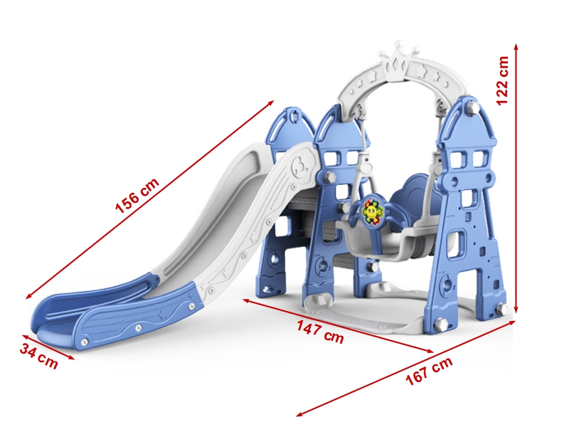 Centru de joaca MyKids 4 in 1 cu tobogan, leagan, cos baschet, albastru
