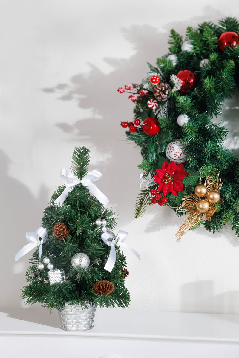 Stromček MagicHome Vianoce, ozdobený, strieborný, mašľa, 40 cm