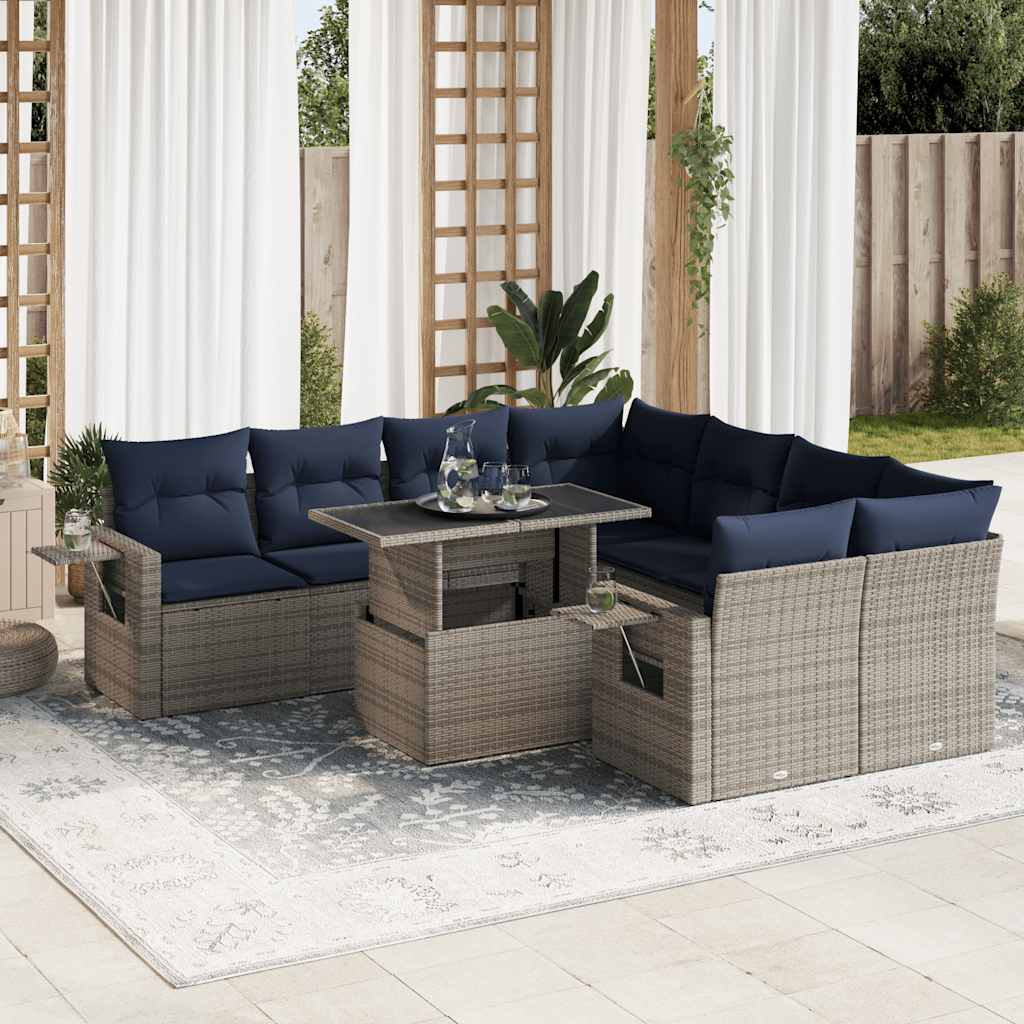 Set mobilier grădină perne 9 piese gri poliratan/lemn acacia GartenMobel Dekor