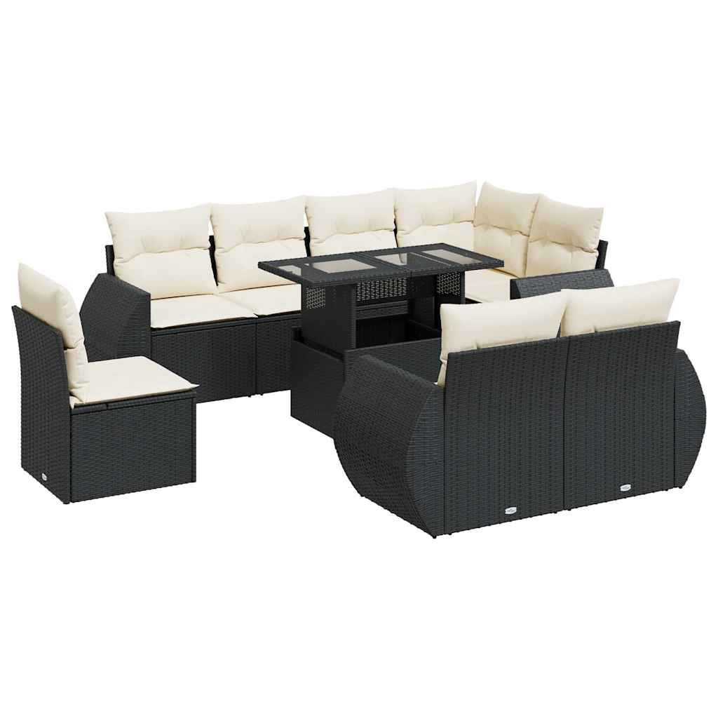 Set mobilier de grădină cu perne, 9 piese, negru, poliratan GartenMobel Dekor