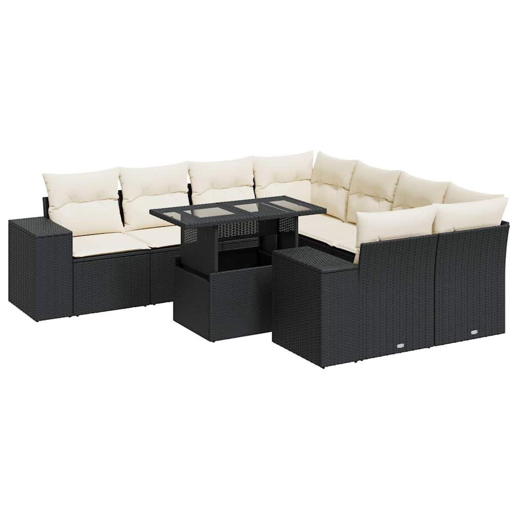 Set mobilier de grădină cu perne, 9 piese, negru, poliratan GartenMobel Dekor