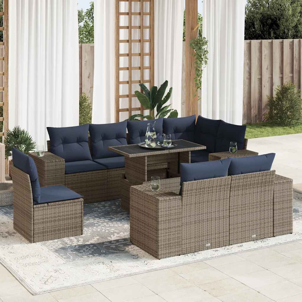 Set mobilier grădină cu perne 9piese gri poliratan/lemn acacia GartenMobel Dekor