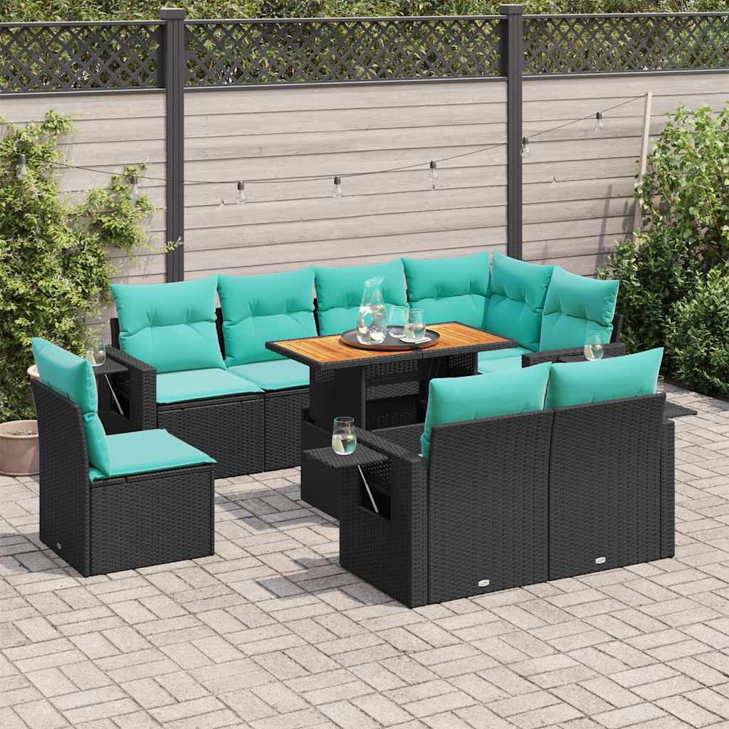 Set mobilier de grădină cu perne, 9 piese, negru, poliratan GartenMobel Dekor