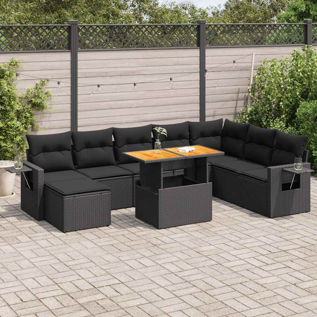 Set mobilier de grădină cu perne, 9 piese, negru, poliratan GartenMobel Dekor