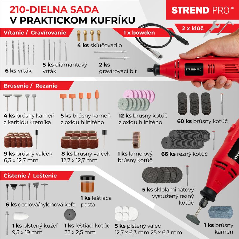 Brúska Strend Pro, mini, priama, vŕtanie a brúsenie, 130 W, s príslušenstvom, 210ks