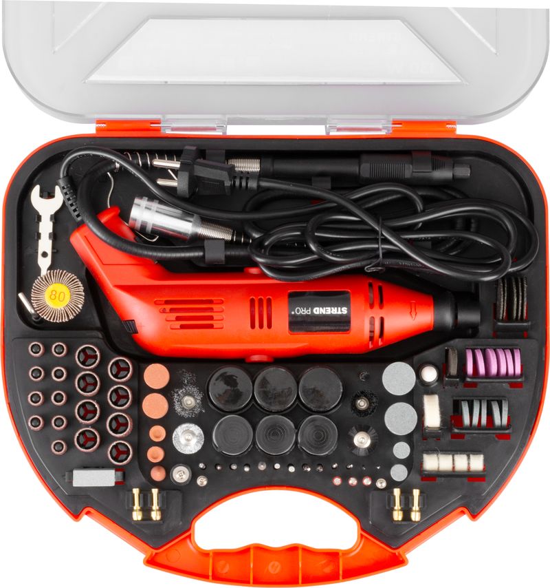 Brúska Strend Pro, mini, priama, vŕtanie a brúsenie, 130 W, s príslušenstvom, 210ks