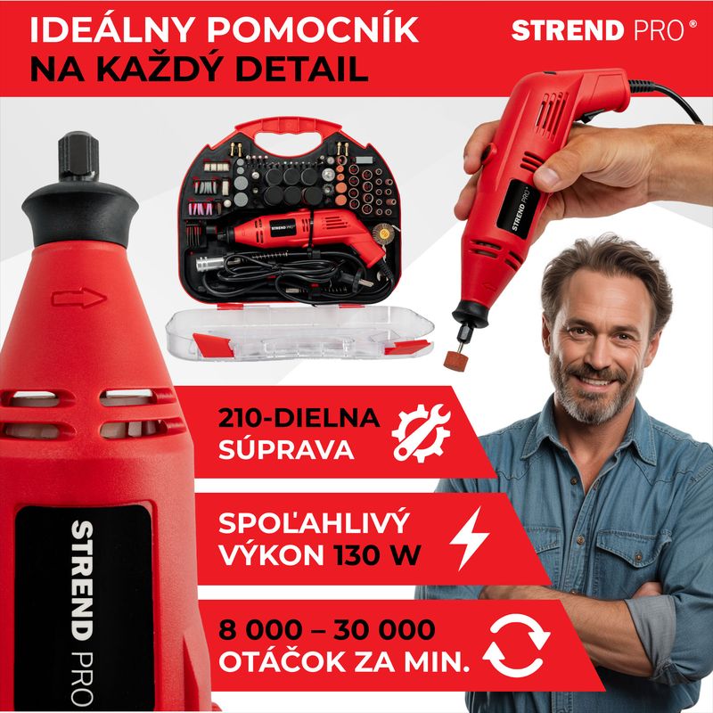 Brúska Strend Pro, mini, priama, vŕtanie a brúsenie, 130 W, s príslušenstvom, 210ks