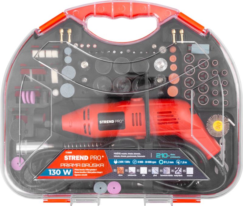 Brúska Strend Pro, mini, priama, vŕtanie a brúsenie, 130 W, s príslušenstvom, 210ks