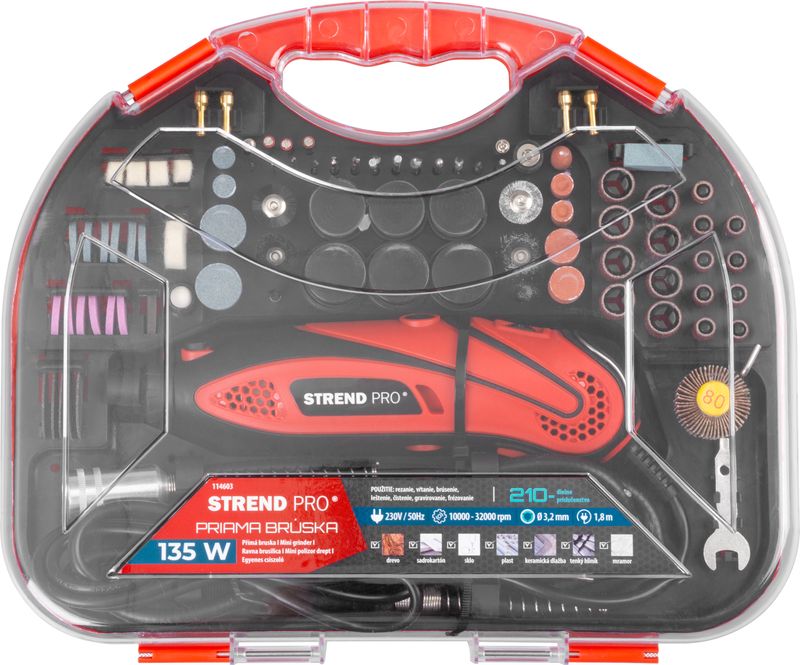 Brúska Strend Pro, mini, priama, vŕtanie a brúsenie, 135 W, s príslušenstvom, 210ks