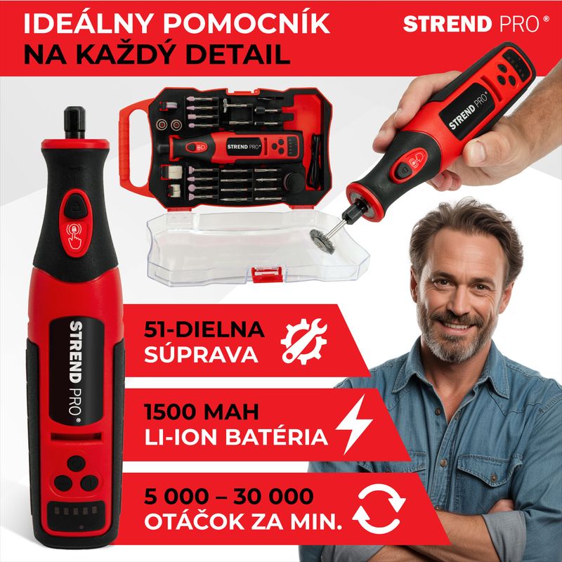 Brúska Strend Pro, mini, priama, vŕtanie a brúsenie, 8 V, 1500 mAh, s príslušenstvom
