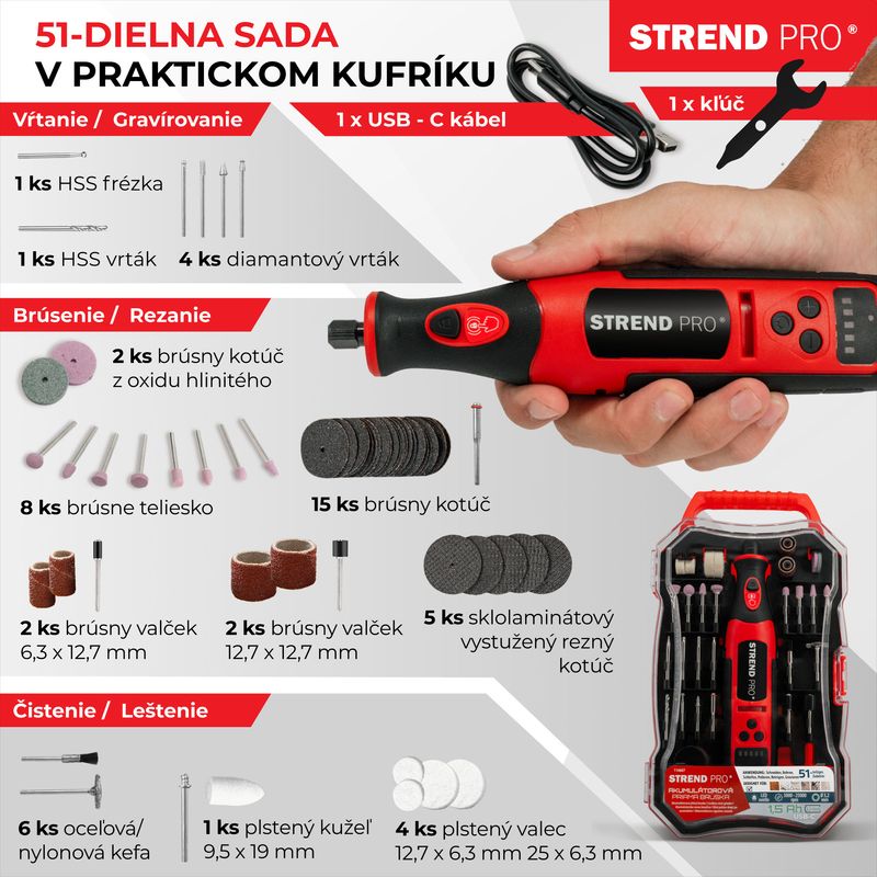 Brúska Strend Pro, mini, priama, vŕtanie a brúsenie, 8 V, 1500 mAh, s príslušenstvom