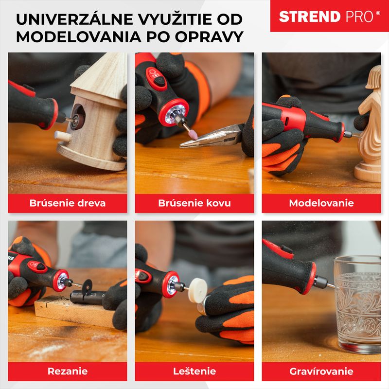 Brúska Strend Pro, mini, priama, vŕtanie a brúsenie, 8 V, 1500 mAh, s príslušenstvom