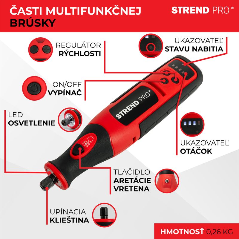 Brúska Strend Pro, mini, priama, vŕtanie a brúsenie, 8 V, 1500 mAh, s príslušenstvom