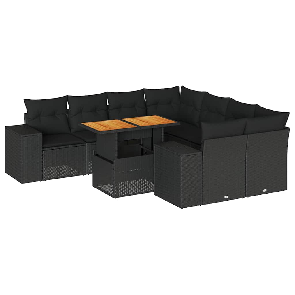 Set mobilier de grădină cu perne, 9 piese, negru, poliratan GartenMobel Dekor