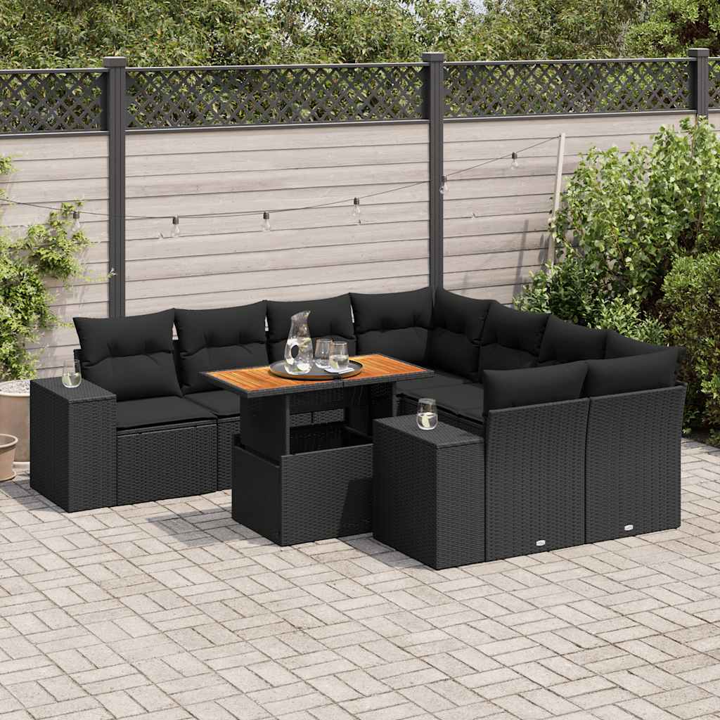 Set mobilier de grădină cu perne, 9 piese, negru, poliratan GartenMobel Dekor