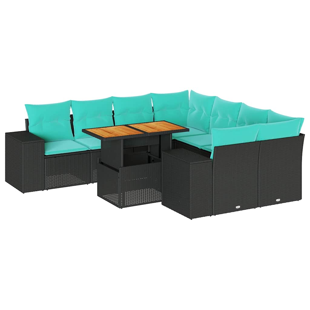 Set mobilier de grădină cu perne, 9 piese, negru, poliratan GartenMobel Dekor